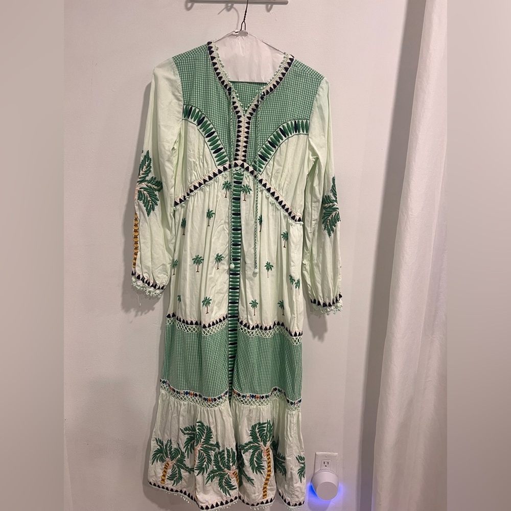 Green and White Embroidered Dress